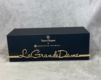 VERY RARE Veuve Clicquot black bottle holder in wood and gold metal La Grande Dame Clicquot by Charlotte Olympia 1990’s