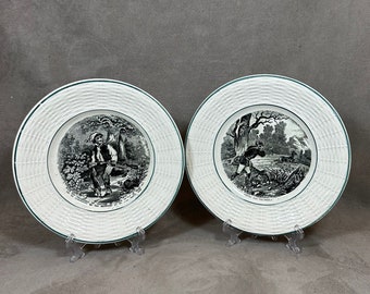 Set of 2 old talking plates on the theme of hunting DIGOIN Sarreguemines in faience vintage Made in France 1900