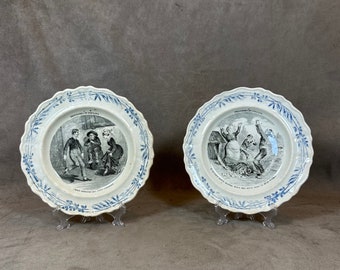 Set of 2 old talking plates in faience on the theme of the proverbs peasants Creil and Montereau Terre de Fer made in France 1900