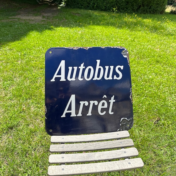 RARE French City Street Plate "AUTOBUS ARRET" vintage blue enameled sheet metal. Made in France 1930