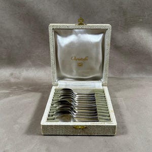 RARE Set of 6 small spoons for coffee CHRISTOFLE in silver metal  in a box Made in France