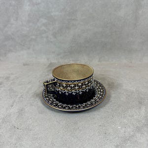 VERY RARE Cup and saucer in old faience blue cobalt blue of furnace white enamel gold rehauts 1889 Made in France