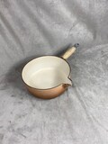 Pot with vintage spout Le Creuset brown enamelled cast iron and wooden handle Vintage made in France 1970