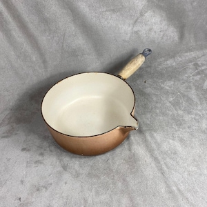 Pot with vintage spout Le Creuset brown enamelled cast iron and wooden handle Vintage made in France 1970