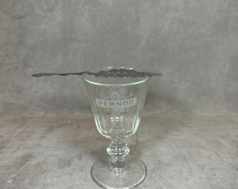 RARE Set of an absinthe glass and old absinthe spoon in metal vintage 1970 Made in France