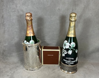 RARE Lot Geneviève Lethu in silver metal of a bottle coaster and a bottle cooler Made in France 1970s