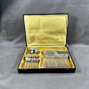 RARE Beautiful Set of 36 pieces silver metal Apollo by Christofle vintage in a box with paper of authenticity 1950