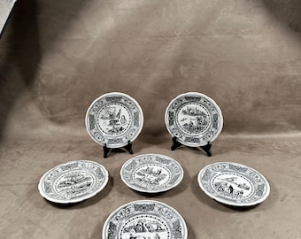 RARE GIEN set of 6 talking plates rébus vintage ceramic Made in France