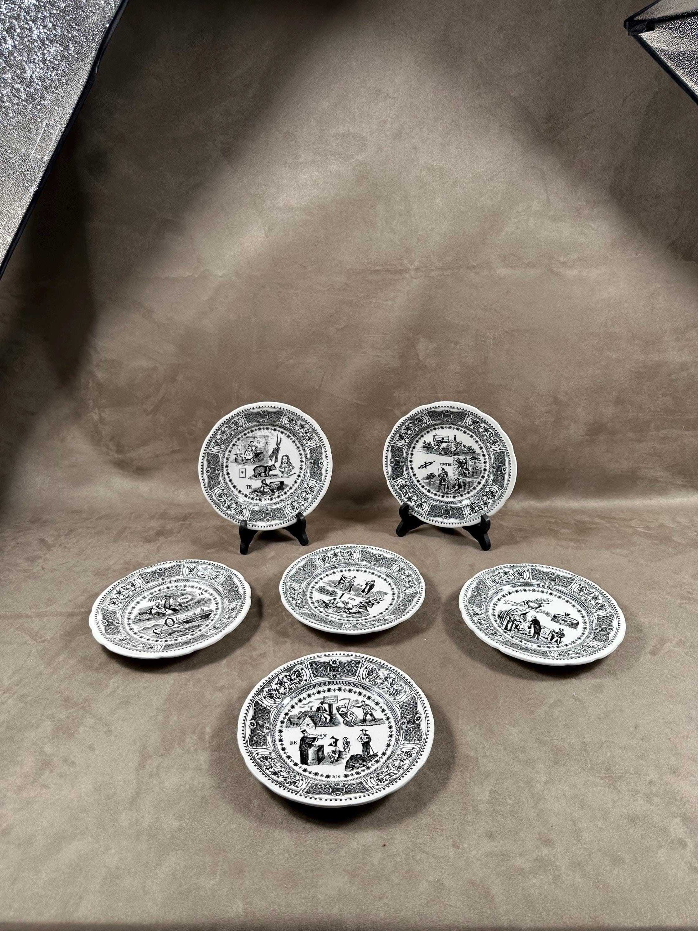 希少なGIEN製、ヴィンテージ陶器製トーキング・リバス・プレート6枚