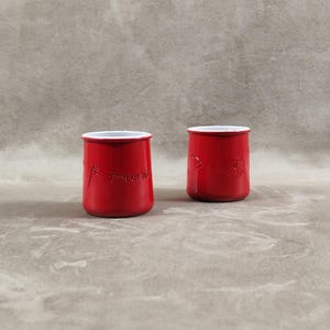 Set of 2 Glazed Terracotta "Merry Christmas" in red Yogurt Pots La Fermière Made in France Vintage 1990