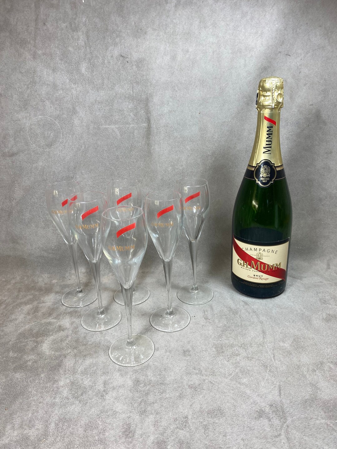 Set of 6 Glass Champagne Flutes Champagne MUMM France vintage Made in