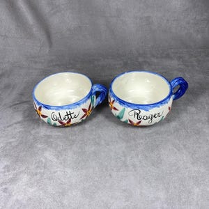 Set of 2 cups in faience of Vallauris with 2 first names Roger and Odette vintage Made in France