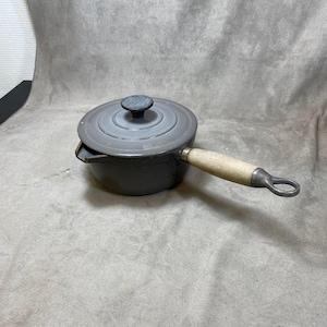 Pot with vintage spout Le Creuset Cousance blue enamelled cast iron and wooden handle Vintage made in France 1970