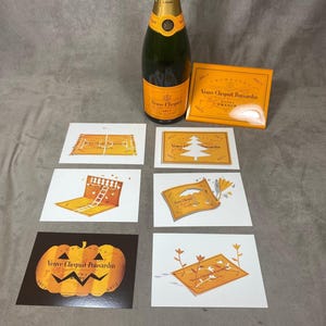 RARO conjunto de 6 cartões postais de champanhe Veuve Clicquot em papelão, feito na França, vintage
