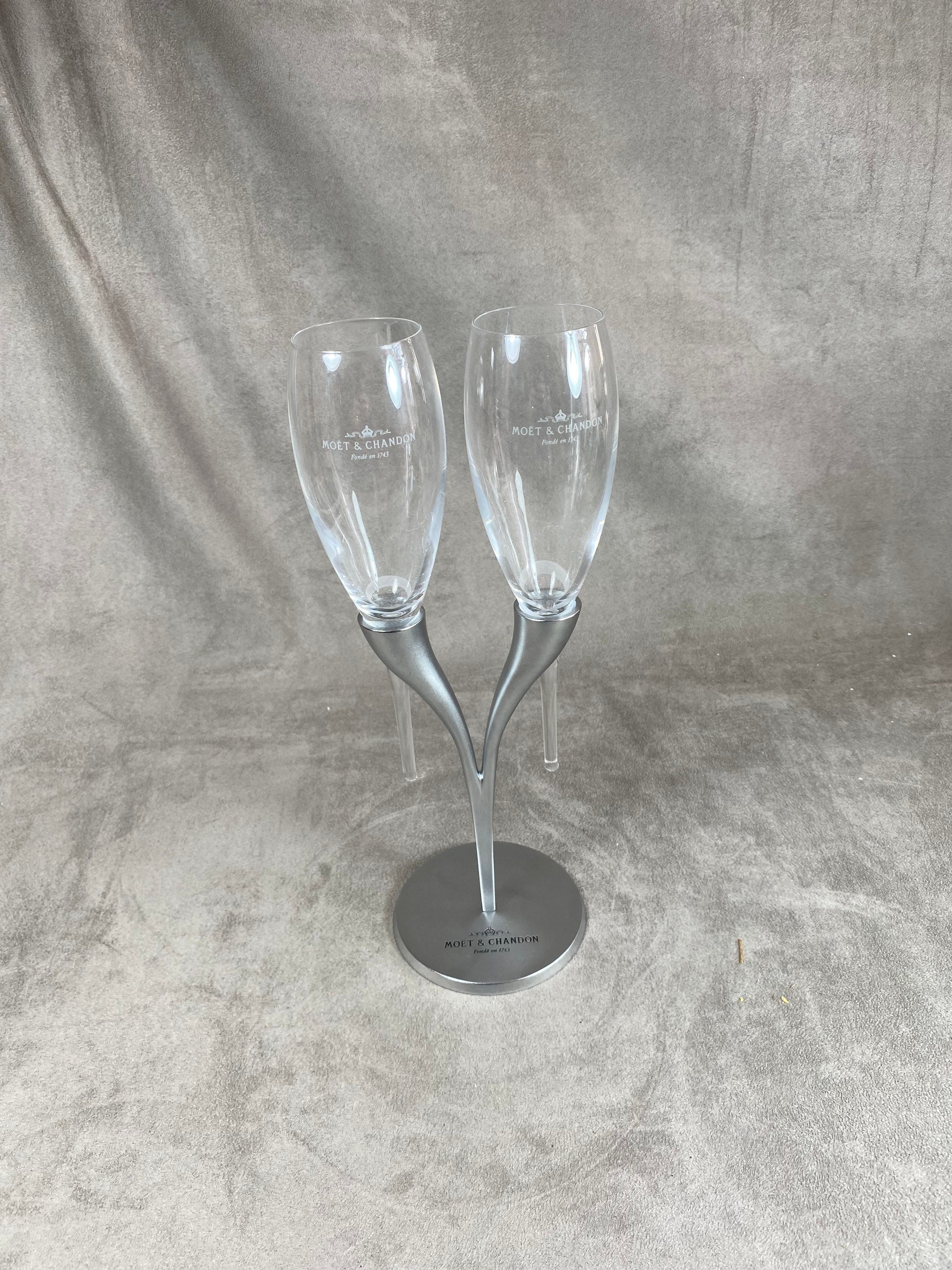 Rare Toi & Moi de Deux Coupes à Champagne Moet et Chandon en Verre Métal Vintage Made in France Par 