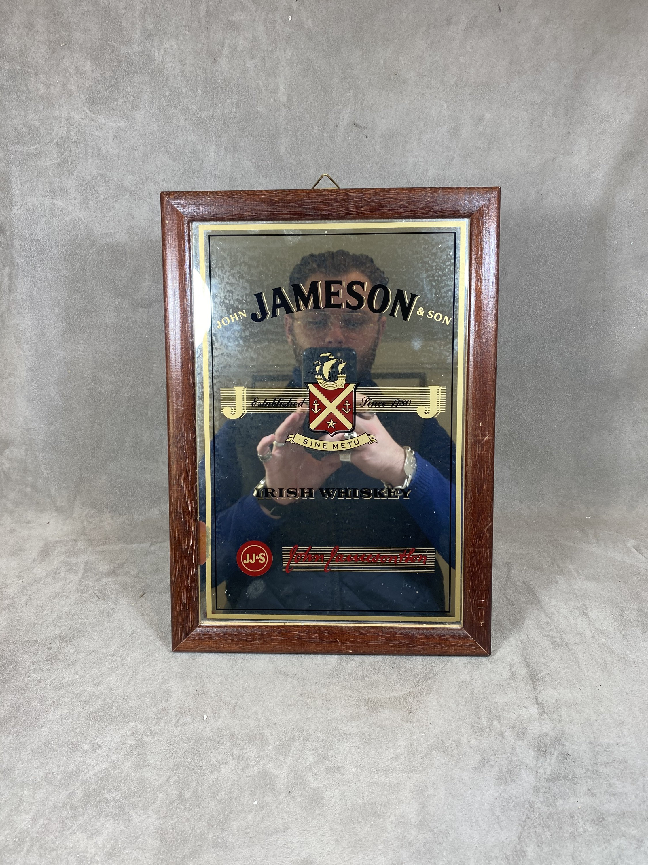 RARE Vintage Glass and Wooden Bar Mirror Jameson Irish