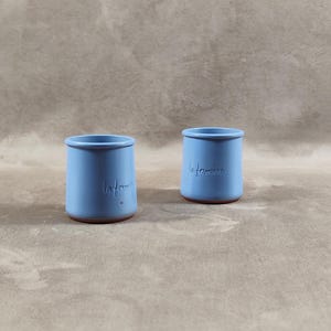 Set of 2 Blue Glazed Terracotta Yogurt Pots La Fermière Made in France Vintage 1990