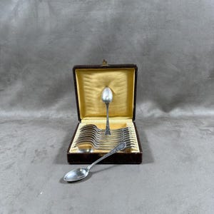 RARE Set of 12 small spoons CHRISTOFLE in silver metal with ribbon decoration in a box Made in France