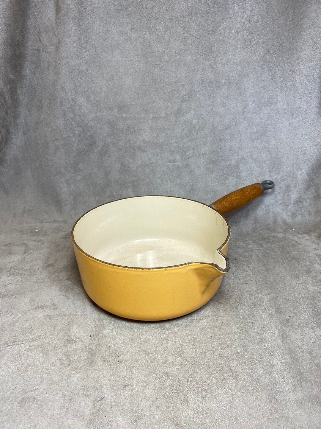 Pot With Vintage Spout Le Creuset Yellow Enamelled Cast Iron and Wooden