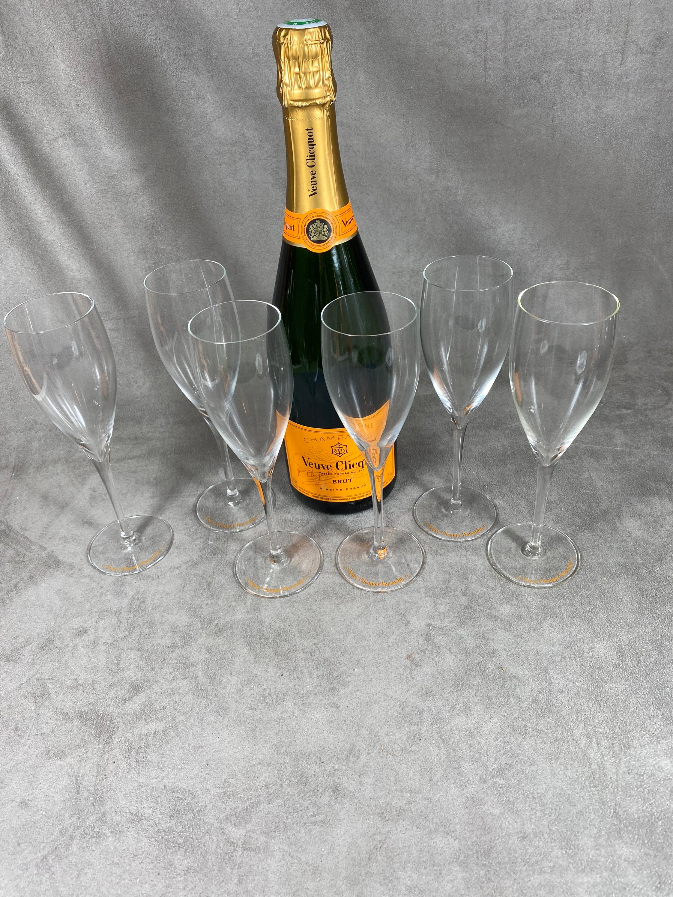 Rare 6 Flûtes Veuve Clicquot L'authentique en Verre Soufflée Bouche Vintage Made in France
