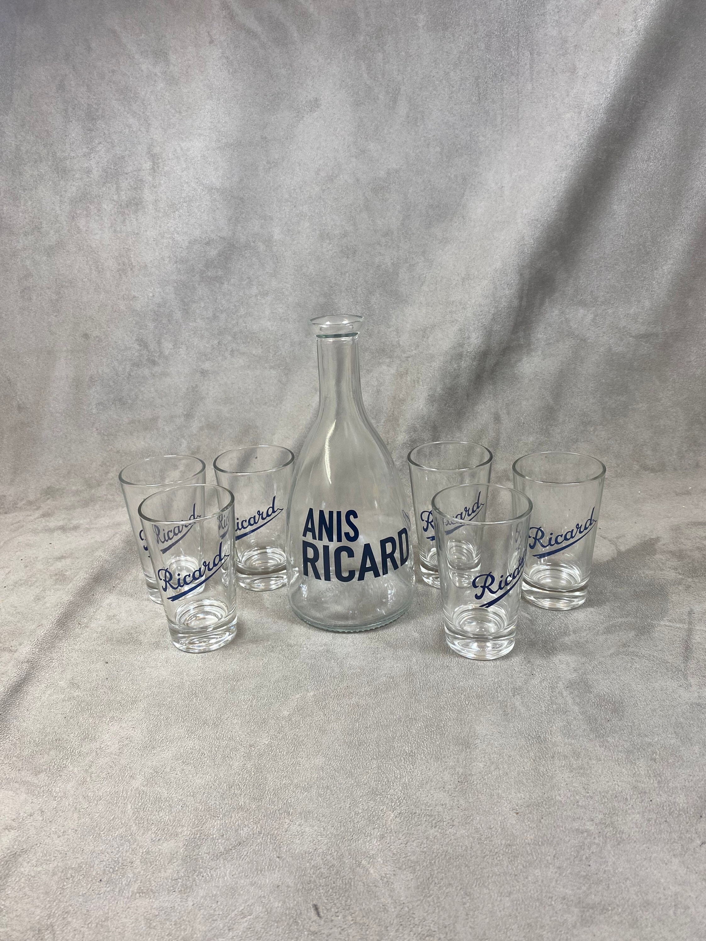 Lot Ricard avec Une Carafe en Verre et 6 Verres Vintage Année 1990