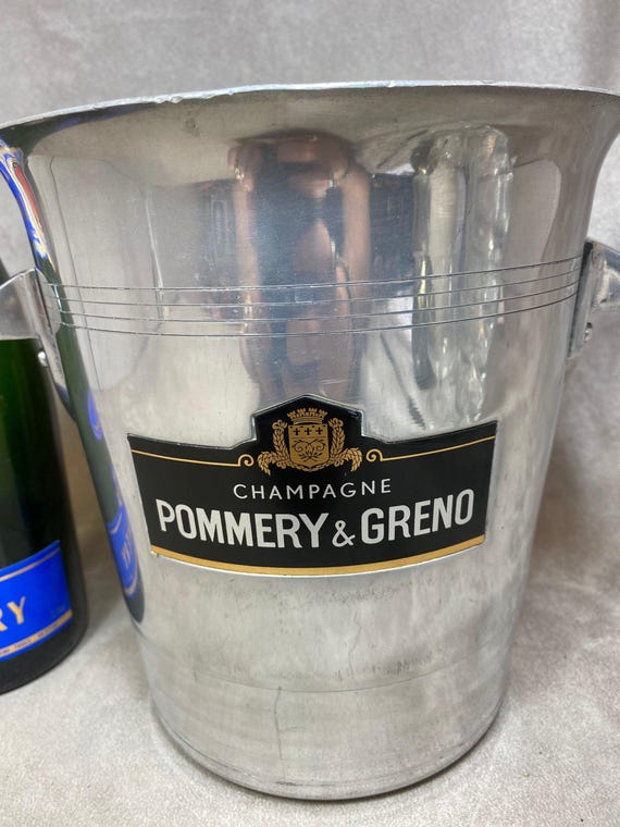 Seau à Champagne Vintage POMMERY & GRENO, Seau à Glace Acier Inoxydable Argenté Avec Poignée, Made In France