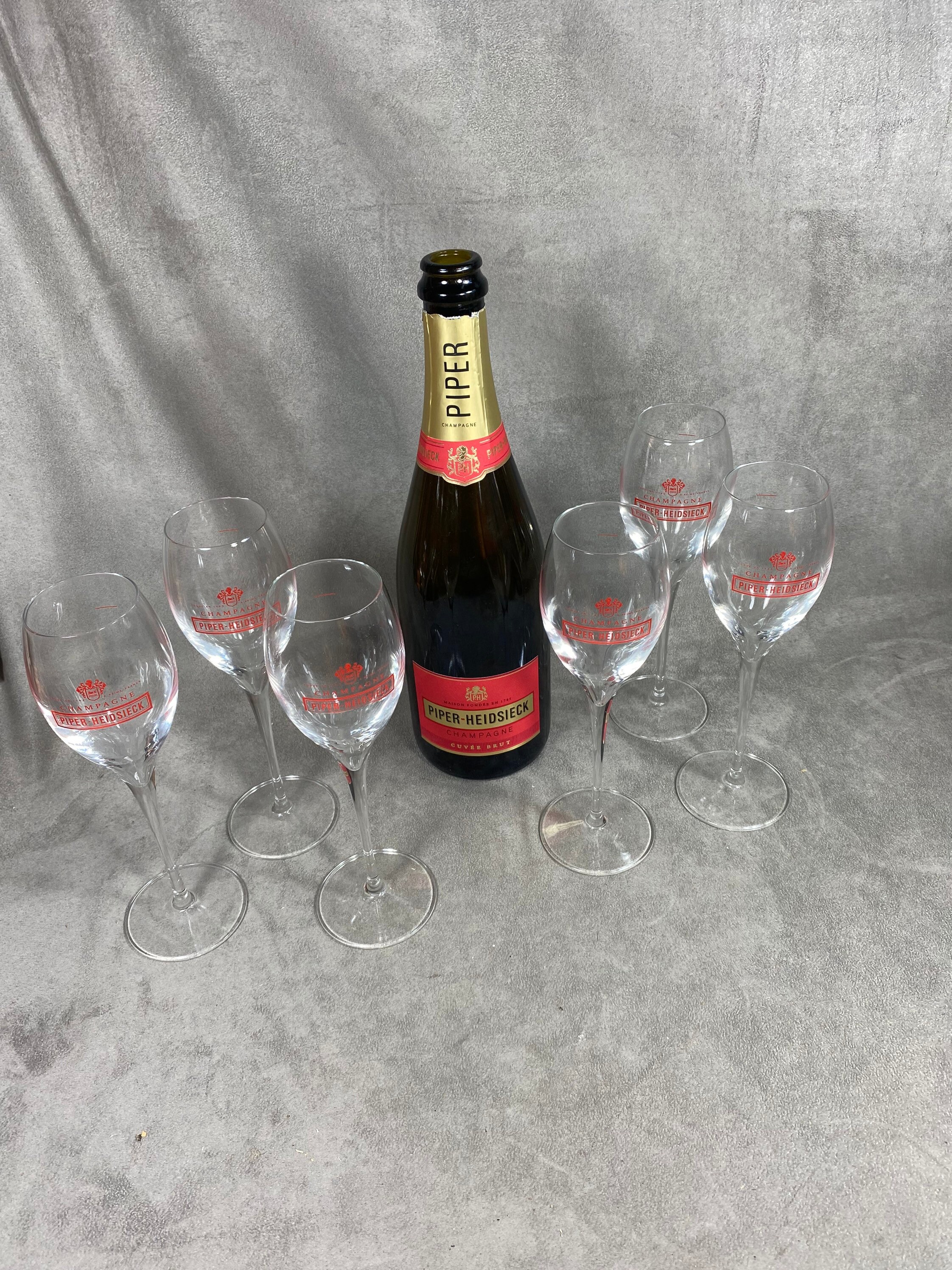 Lot de 6 Flûtes à Champagne en Verre Piper-Heidsieck Reims Années 1990