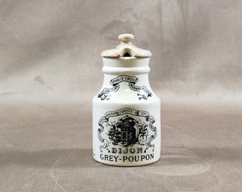 RARO Olla de mostaza antigua de gres, fabricante de mostaza Grey-Poupon, Dijon, Creil y Montereau, hecha en Francia, 1900