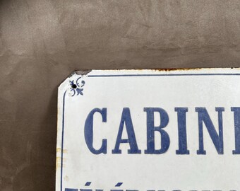 希少なヴィンテージのエナメルサイン「電話ボックス」。白と青の