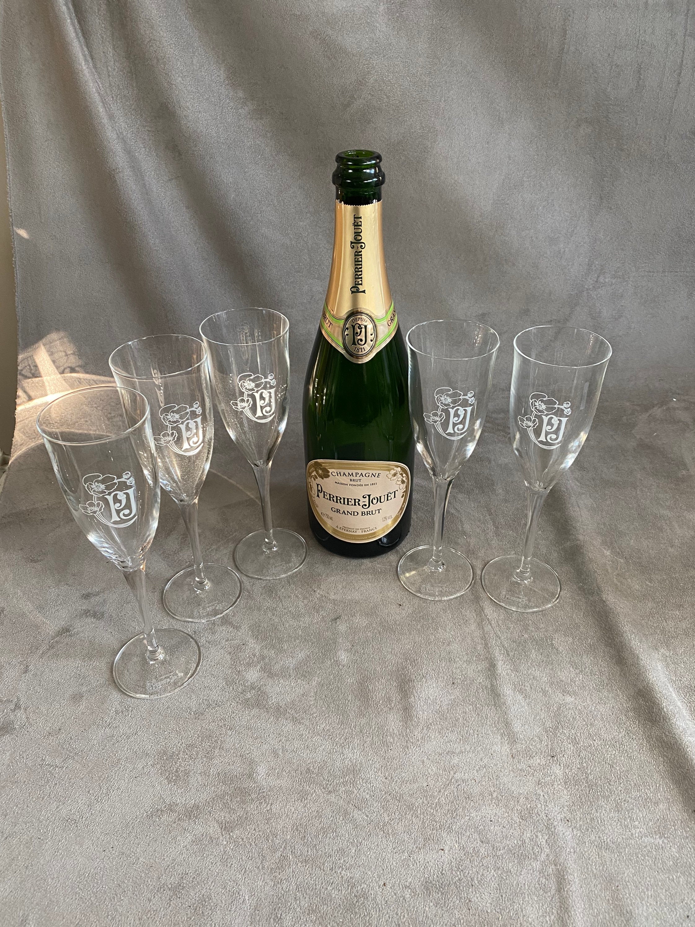 Lot de 5 Flutes à Champagne en Cristal Perrier-Jouët Années 1990