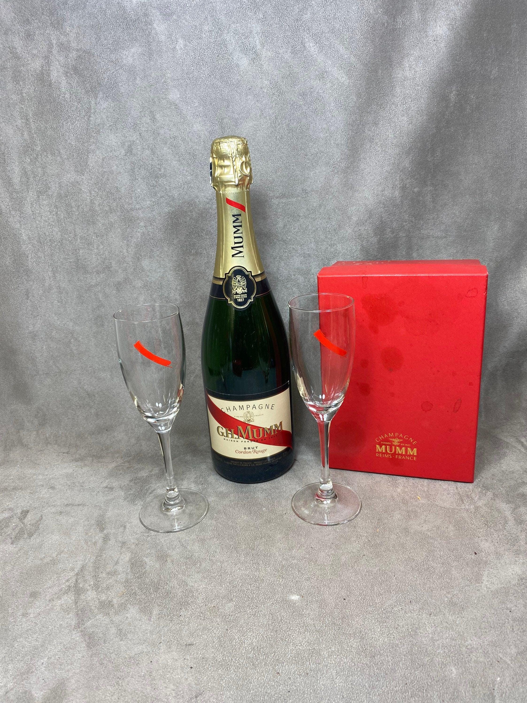 Juego de 2 copas de champán de cristal con estuche Champagne MUMM Francia |  vintage Hecho en Francia, image size:2244x2992