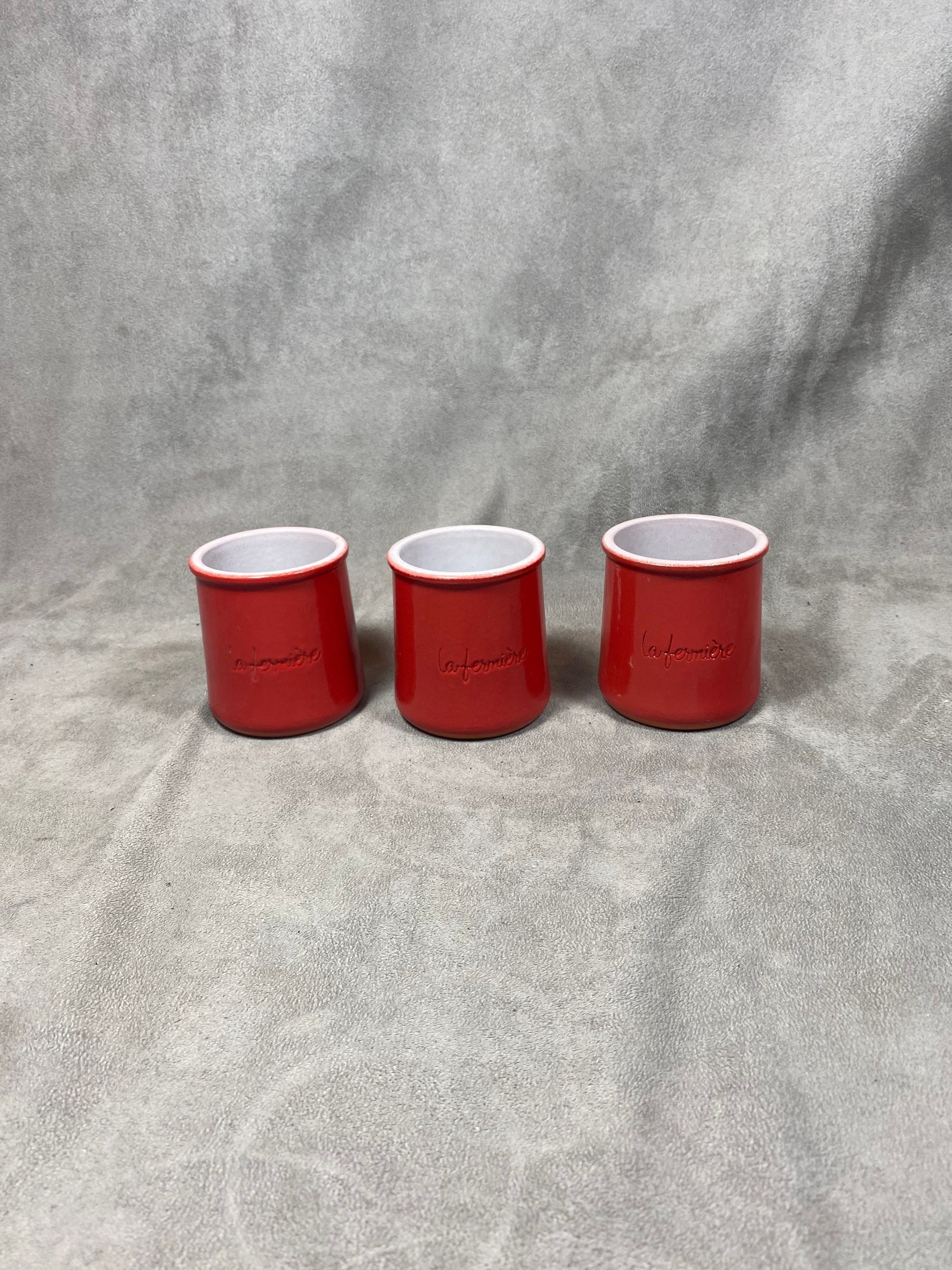 3 Pot de Yaourt La Fermière en Terre Cuite Émaillée Rouge Vintage Made in France