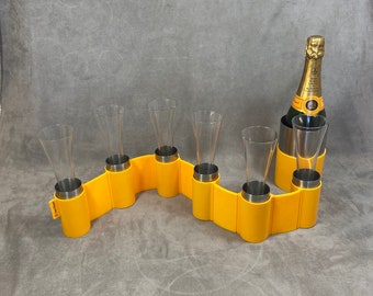 VERY RARE Veuve Clicquot Table runner from the Trendy range with a flute holder integrated around and a lot of 6 trendy flutes