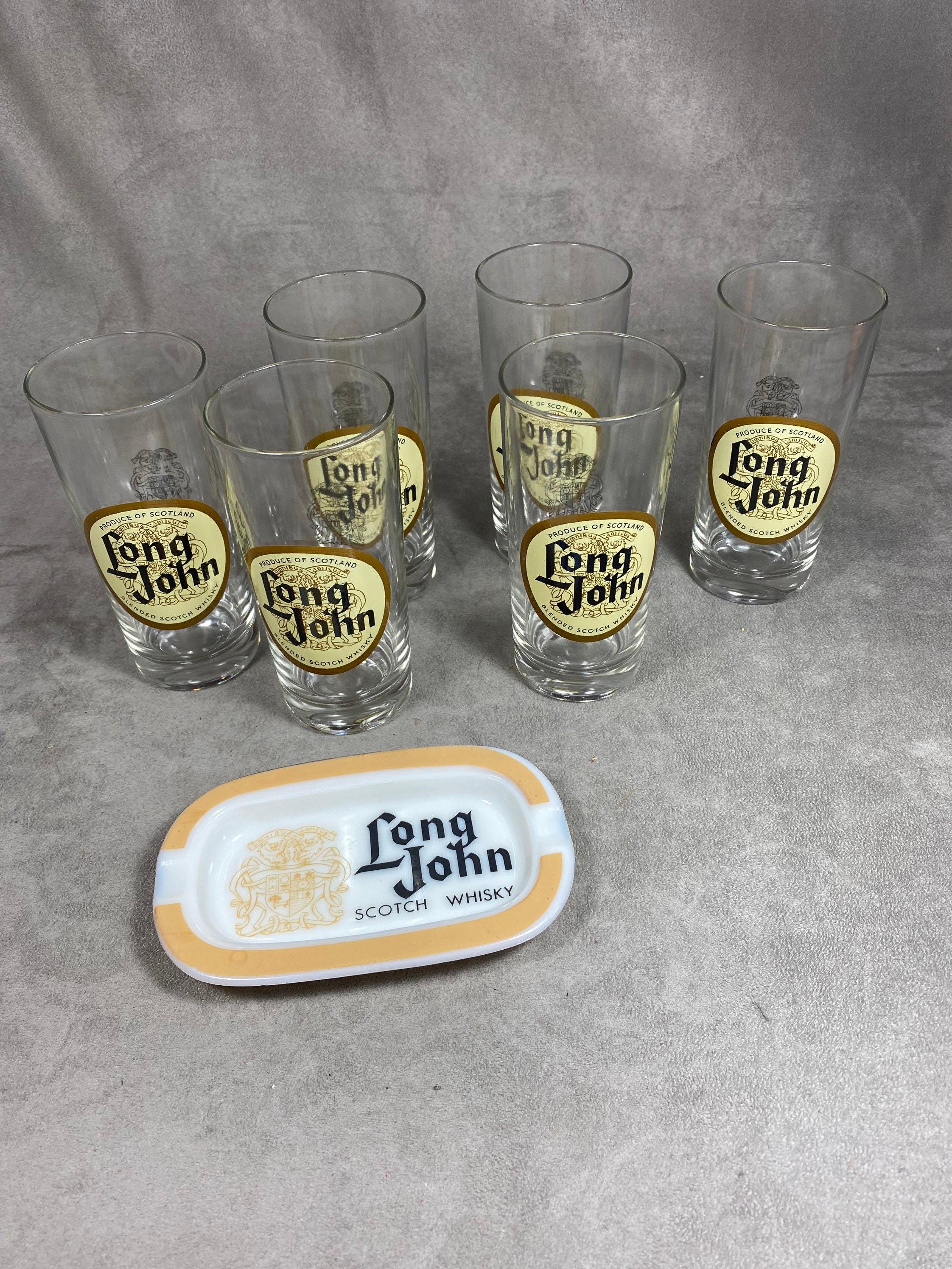 Set Long John Scotch Whisky Comprenant 6 Verres et 1 Cendrier en Verre Vintage Made in France Années