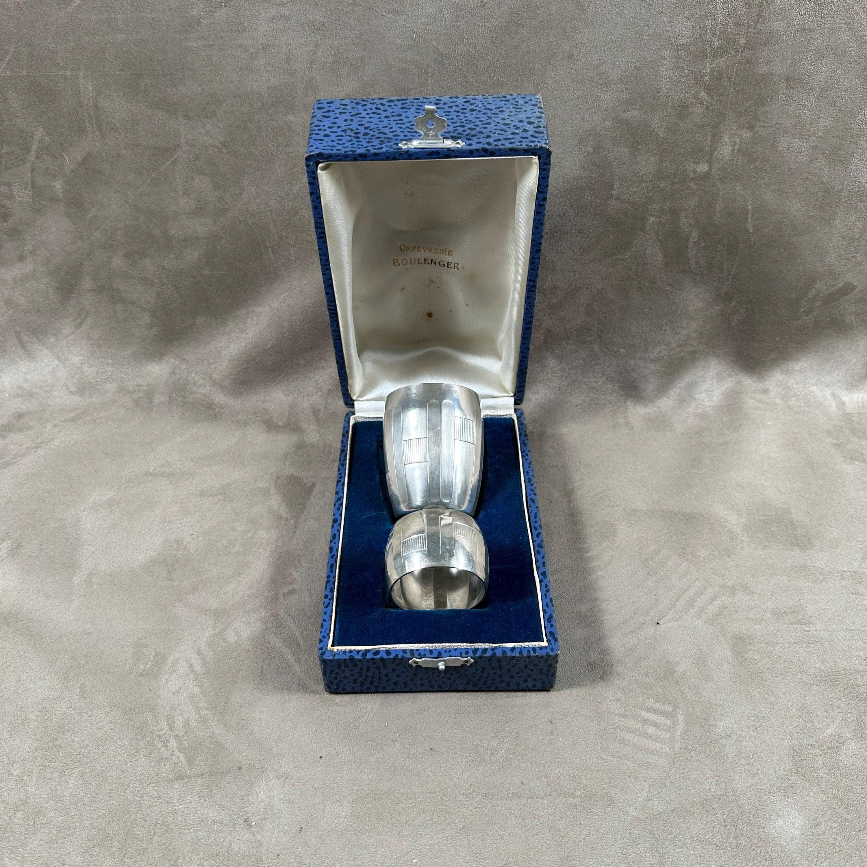 Baptism set in box with timbale and round silver plated metal Boulenger vintage napkin Made in France 1950’s