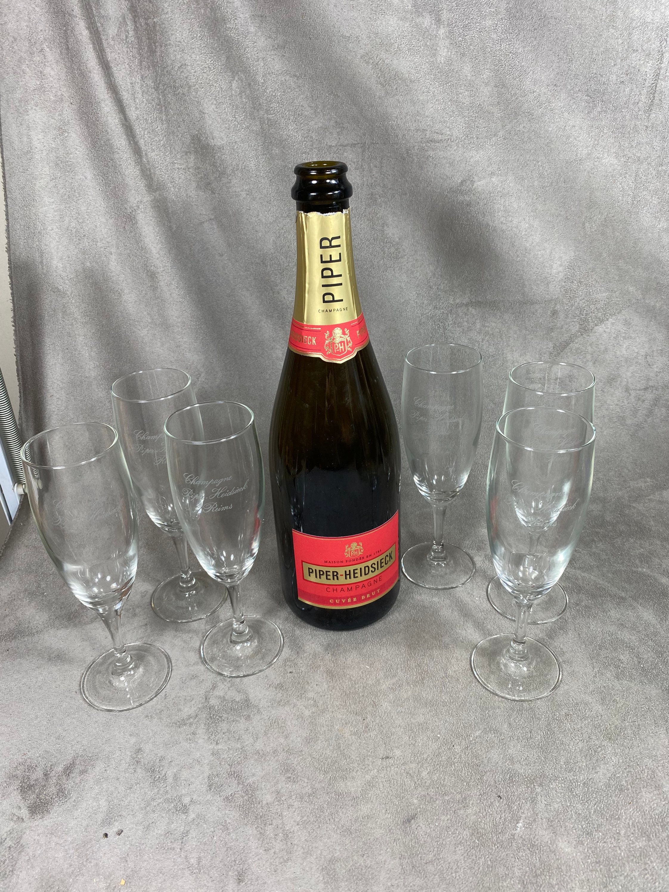 Lot de 6 Flûtes à Champagne en Verre Piper-Heidsieck Reims Années 1990