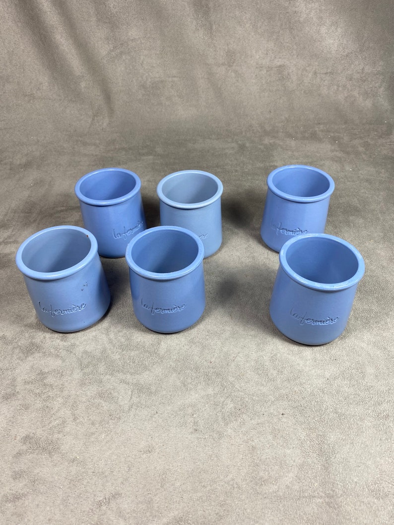 6 pots de yaourt La fermière en terre cuite émaillée bleu turquoise vintage made in France image 1