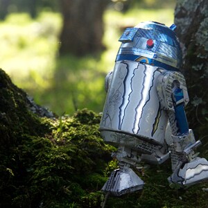 Op de afbeelding: Een zilveren en blauwe robot gemaakt van gerecyclede materialen, staand in een bosrijke omgeving. De robot is met zijn rug naar de camera gekeerd en heeft een rond hoofd met een rode knop.