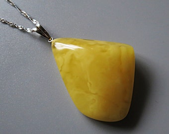 Handmade Baltic Amber Pendant: Yellow Stone, Sterling Silver Chain