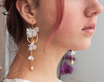 Fabric flower earrings dangle floral earrings silk flowers earrings statement jewellery for bride gold Wedding earrings