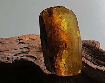 May include: A polished, translucent amber gemstone with a warm golden-yellow hue, featuring visible internal organic inclusions and dark, earthy brown streaks running vertically through the center of the smooth, rounded stone.