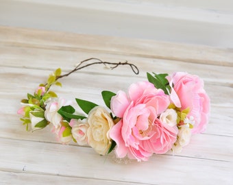 Floral crown Pink flower hair crown pink peony Bridal flower crown rustic flower crown Boho Wedding flower crown
