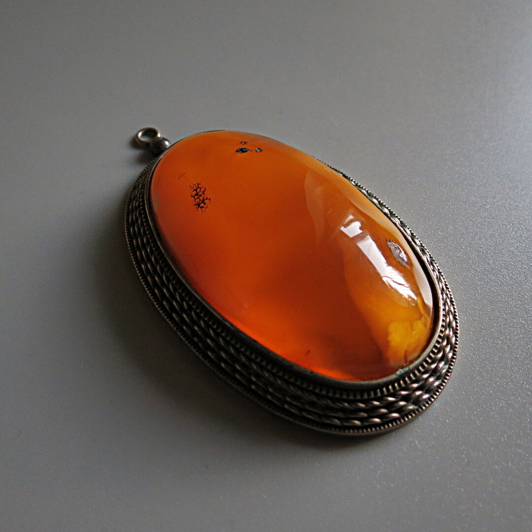 Vintage Egg Yolk Amber Pendant. Big Stone Pendant. Antique Amber