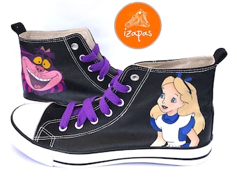 Alice & Cheshire Cat Painted Sneakers, alice cat canvas shoes, custom converse, cat boots, high top trainers