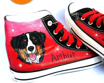 Bernese Painted Sneakers, personalized dog canvas shoes, Bernese Mountain dog, custom converse, dog boots, high top trainers, pet portrait