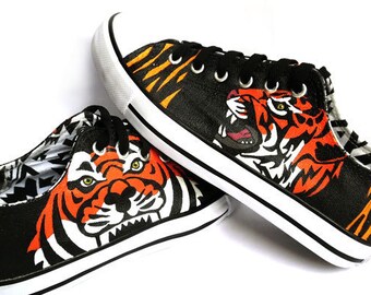 Tiger Painted Sneakers, tijgercanvasschoenen, aangepaste Converse, dierenschoenen, lage sneakers, dierentuindieren