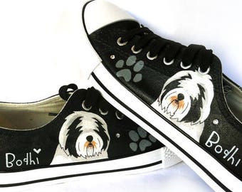 Sheepdog Painted Sneakers, personalized dog canvas shoes, Old English Sheepdog, custom converse, dog shoes, low top trainers, pet portrait