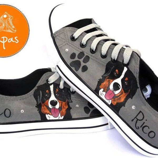 Bernese Painted Sneakers, personalized dog canvas shoes, bernese mountain dog, custom converse, dog shoes, low top trainers, pet portrait