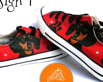 Dachshund Painted Sneakers, personalized dog canvas shoes, smooth haired, doxie, custom converse, dog shoes, low top trainers, pet portrait
