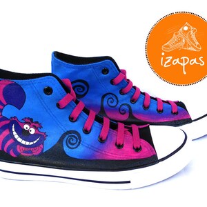 Cheshire Cat Painted Sneakers, alice cat canvas shoes, custom converse, cat boots, high top trainers image 2